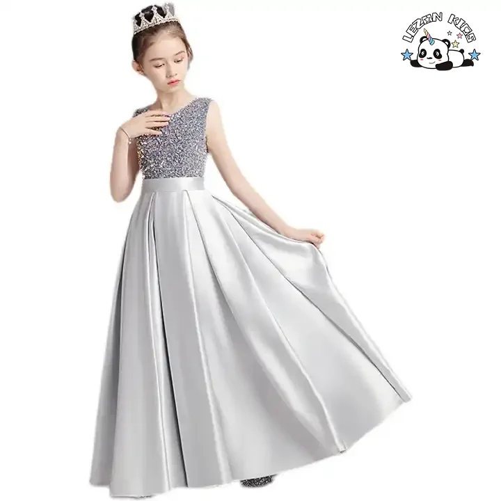 LEZONKIDS - 2024 Hot Sale  Summer Sparking Pleated Sleeveless Dress Evening Party  Long Skirt Size 4-12 Years for Kids